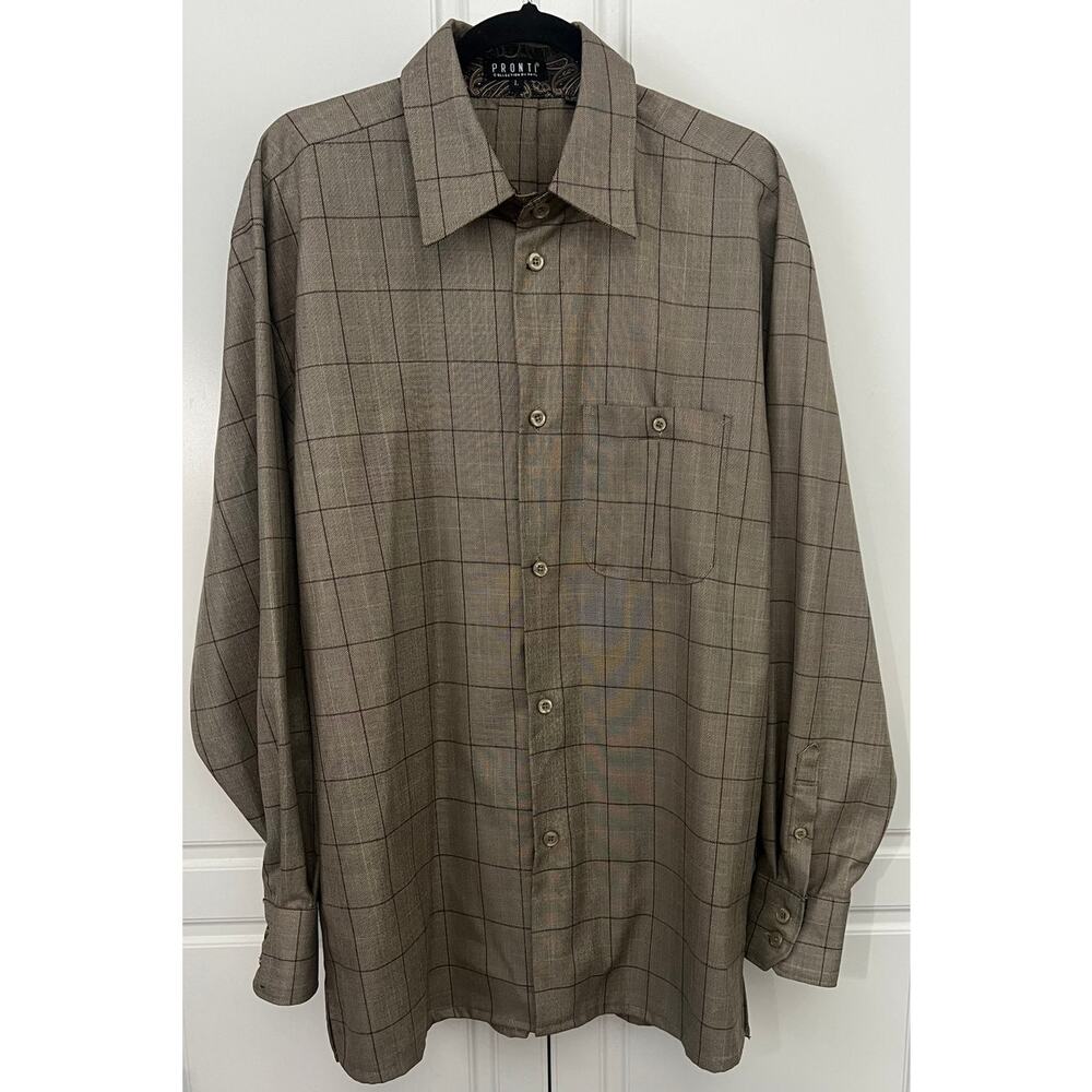 Pronti Collection by Phita Men's Brown Windowpane Plaid Shirt Long Sleeve Size L